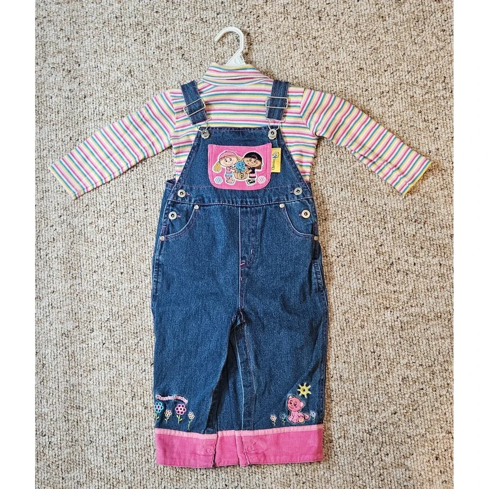 Vintage Cheerios Kids Denim Overalls Striped Turtleneck Set Pink Blue 90s Floral